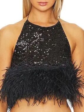 Oseree Black Sequin Feather Halter Crop Top